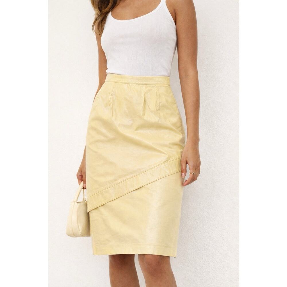 Joseph Ho Vintage Butter Yellow Long Leather Pencil Skirt SZ 6 High Waist
